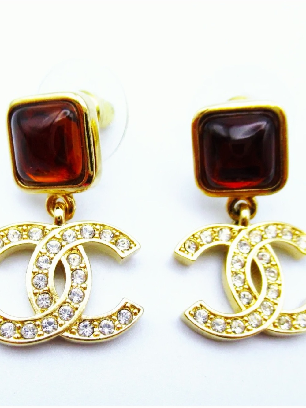 Chanel CC Drop Earrings Gold Tone Crystal Amber Stone Pierced - Picture 7 of 14